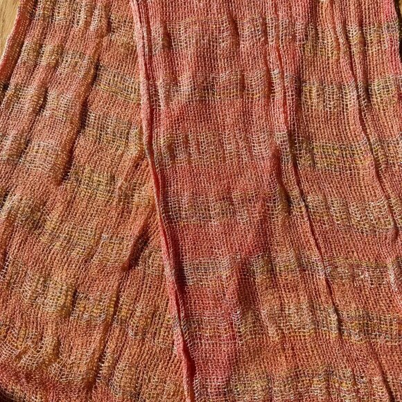 Handwoven Pink Peach Gold Open Weave Scarf With Fringe 64 in L x 15 in W - Picture 5 of 6
